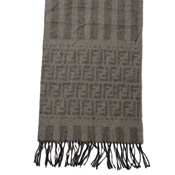 Vintage FENDI Dark Gray & Light Gray Monogram & Stripe Wool Scarf Fringes - Picture 4 of 7